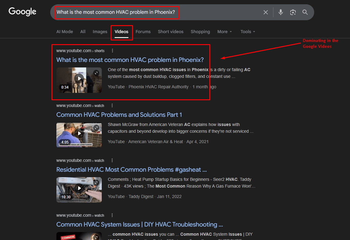 Phoenix HVAC Google Videos proof
